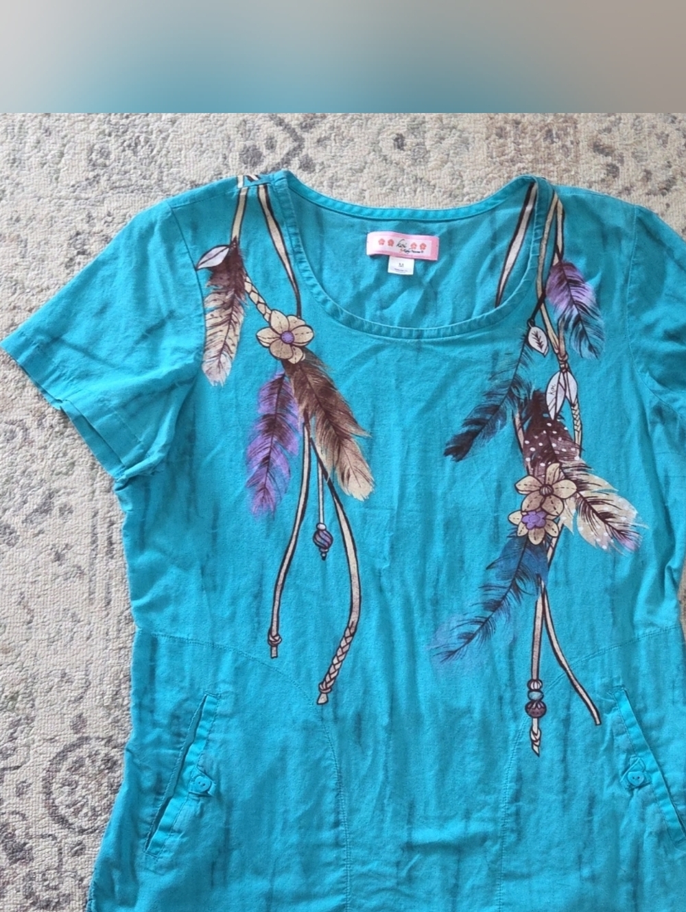 Koi Kathy Peterson Scrubs Top Med Feathers And Beads With Pockets Native America